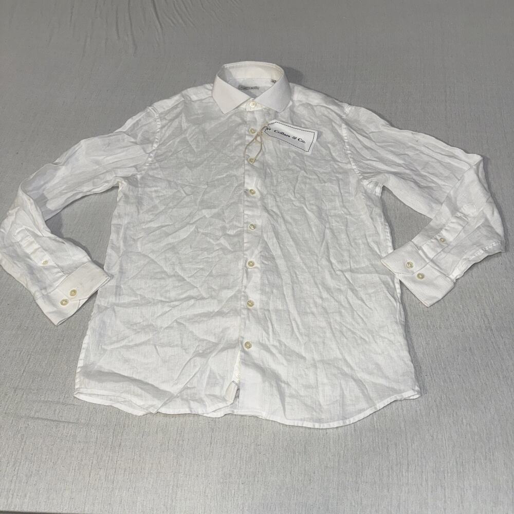 Collars & Co Men Medium White 100% Linen Long Sleeve Button Up Dress Shirt (read